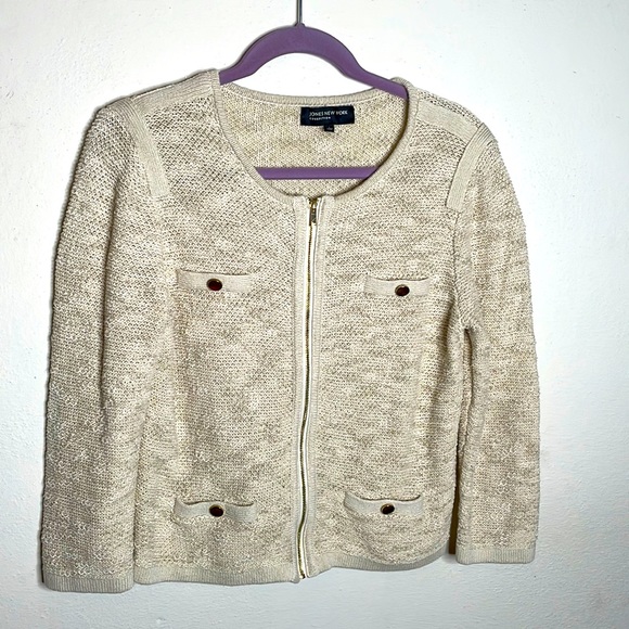Jones New York Collection tweedy woven cardigan in natural beige, size large - Picture 1 of 10